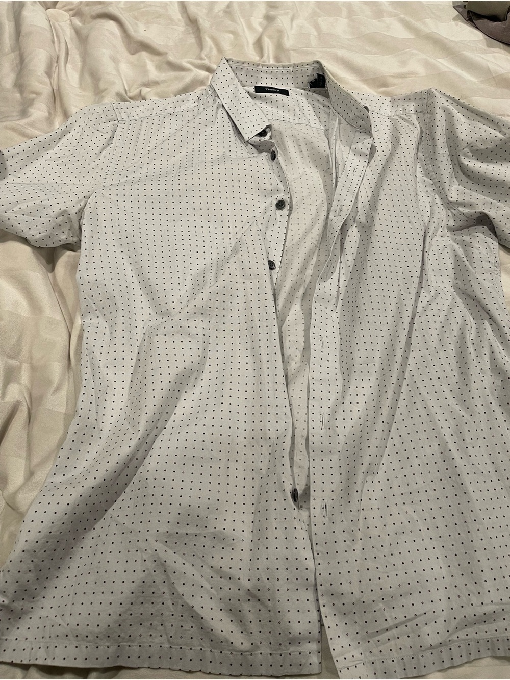 Theory White Short-Sleeve Button-Down with Black Micro Dots